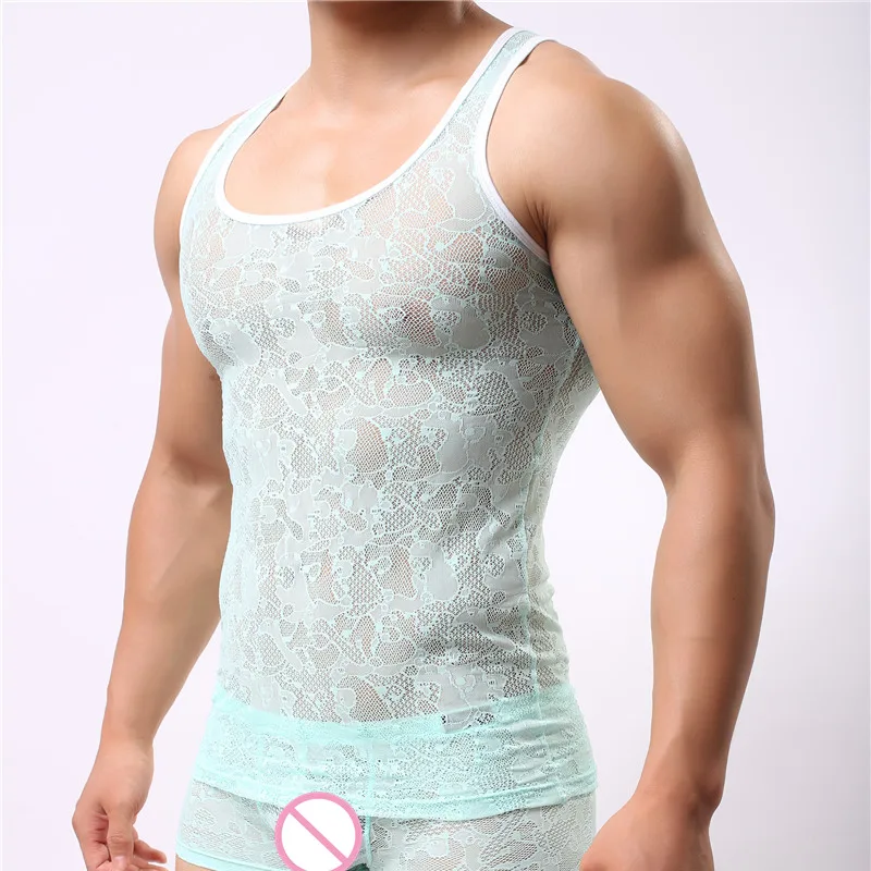 Sexy Men Undershirts Mesh Sexy Tops Tees Shirts Transparent Bodybuilding Gay Male Singlets Lace See Through Undershirts Fashion