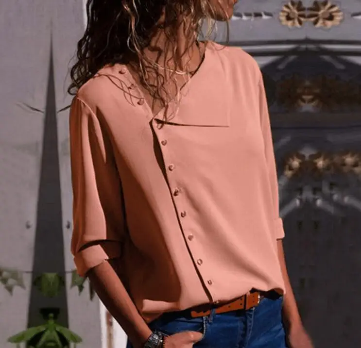 Blusa informal de Chifón con manga larga para mujer, camisa Sexy lisa con botones oblicuos, holgada, para otoño