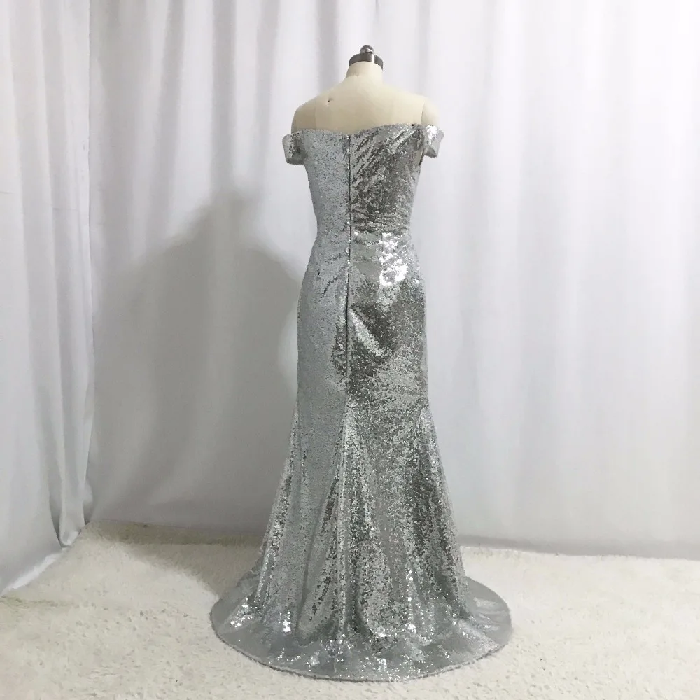 Vestido de baile de sereia prateado, simples mas elegante, fora do ombro, querida, manga curta, bling