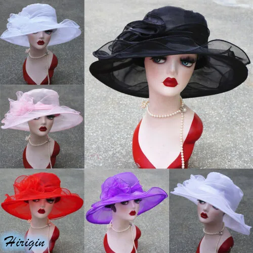 1Pcs Women Organza Fedoras Kentucky Derby Wide Brim Wedding Church Occasional Hats