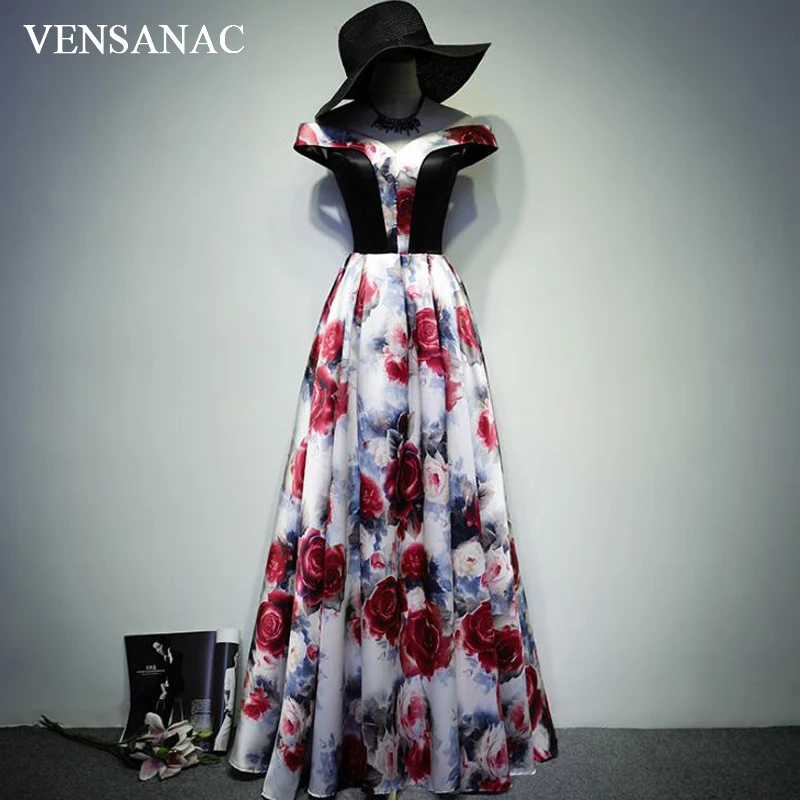 

VENSANAC Floral Print V Neck A Line Long Evening Dresses Elegant Short Sleeve Party Lace Prom Gowns