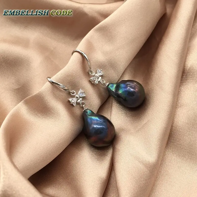 special Bow cross anchor baroque pearl flame ball stely hook dangle earring black blue brown colorful natural pearls zircon