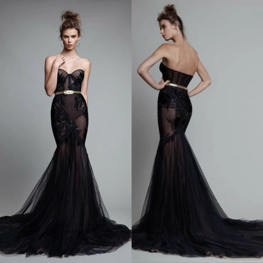 Elegante Nero Abiti da ballo Sweetheart Senza Maniche Backless Della Sirena Abiti Da Sera 2020 Del Merletto di Appliques Perline Abito Speciale Occasione