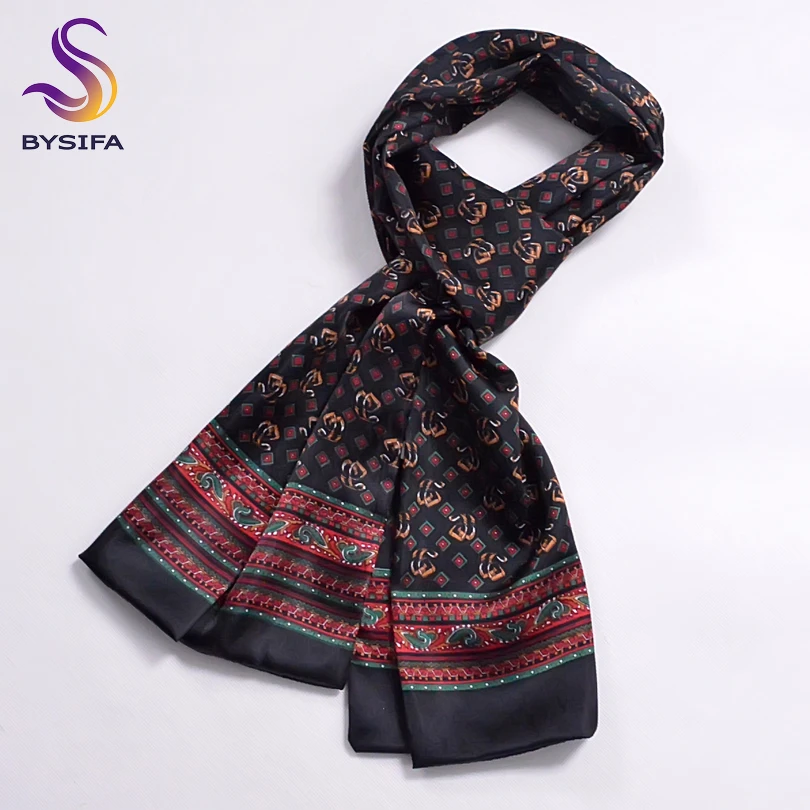 [BYSIFA]  Winter Black Plaid Men Silk Scarf  2016 New Spring Autumn 100% Pure Silk Male Long Scarves Neck Warmer Scarf 160*26cm