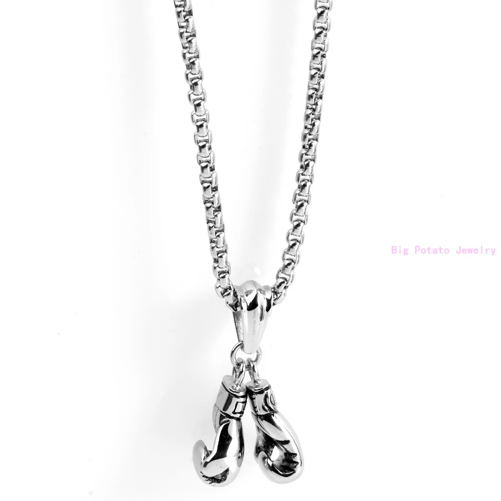 New 2pcs/set Silver Color 316L Stainless Steel Shinny Boxing Glove Pendant Necklace Free Rope Chain Cool Men\'s Jewelry