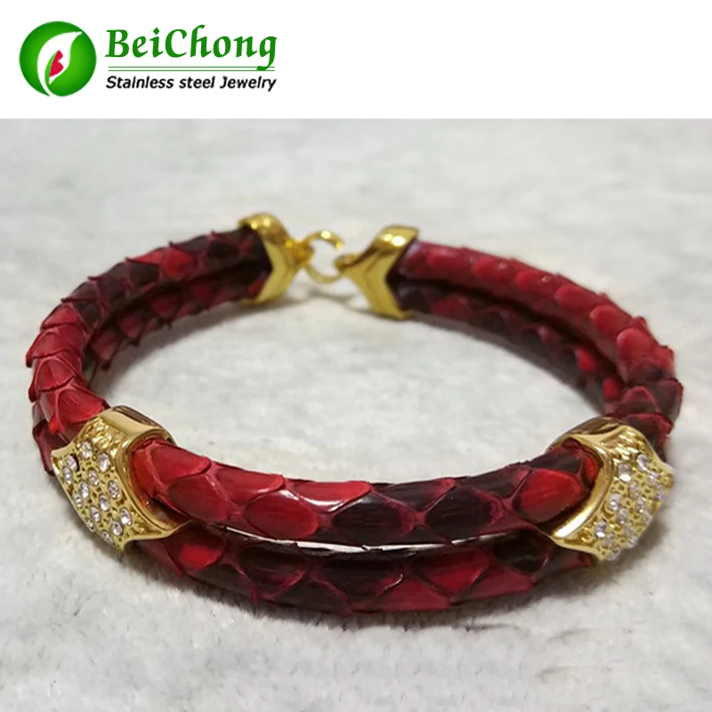 10pcs BC Watch Gift Red Python Skin Snake 5MM Men with Square Stainless Steel Circle Bangle Bracelet