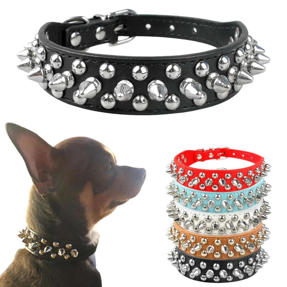 Cool Spiked Rivet Studded PU Leather Dog Pet Collars For Small Medium Dogs and Cats Puppies 5 Colors XXS XS S M L