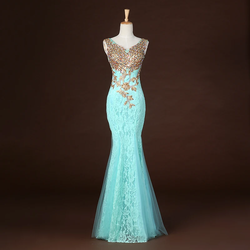 Robe de soirée sirène bleu Royal, col en v, perles, longue, robes d'occasion, 2017