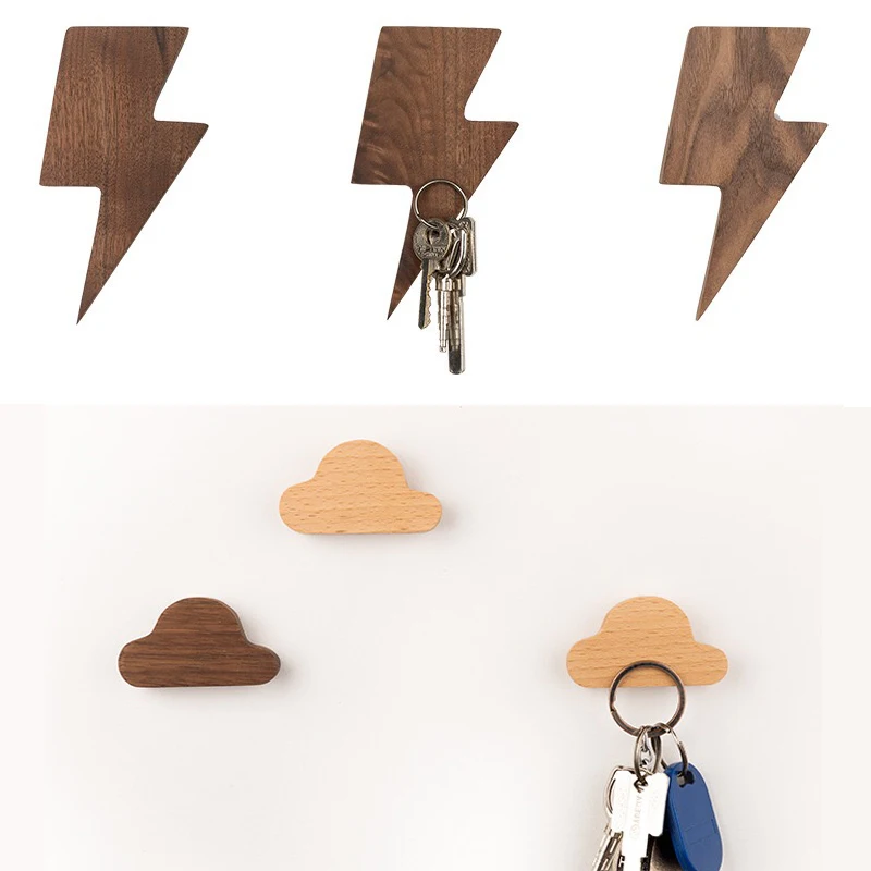 idYllife 2pc Set Wood Key Hooks Magnetic Cloud Lightening Home Decoration Wall Magnet Vestibule Keyring Holder Organization Rack