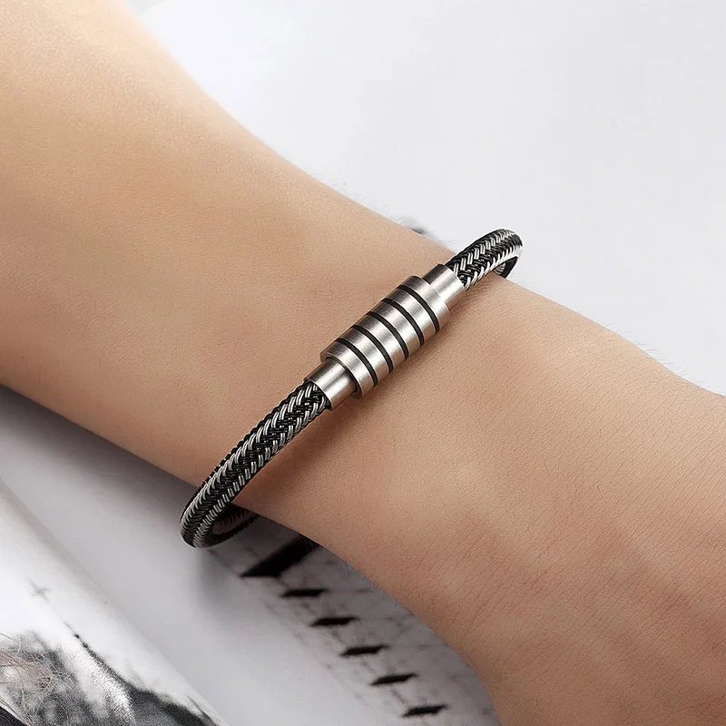 Fashion Punk Black/white Braided Steel wire Bracelet Stainless Steel Magnetic Buckle Simple Style Men Bracelet Women\'s Jewelry