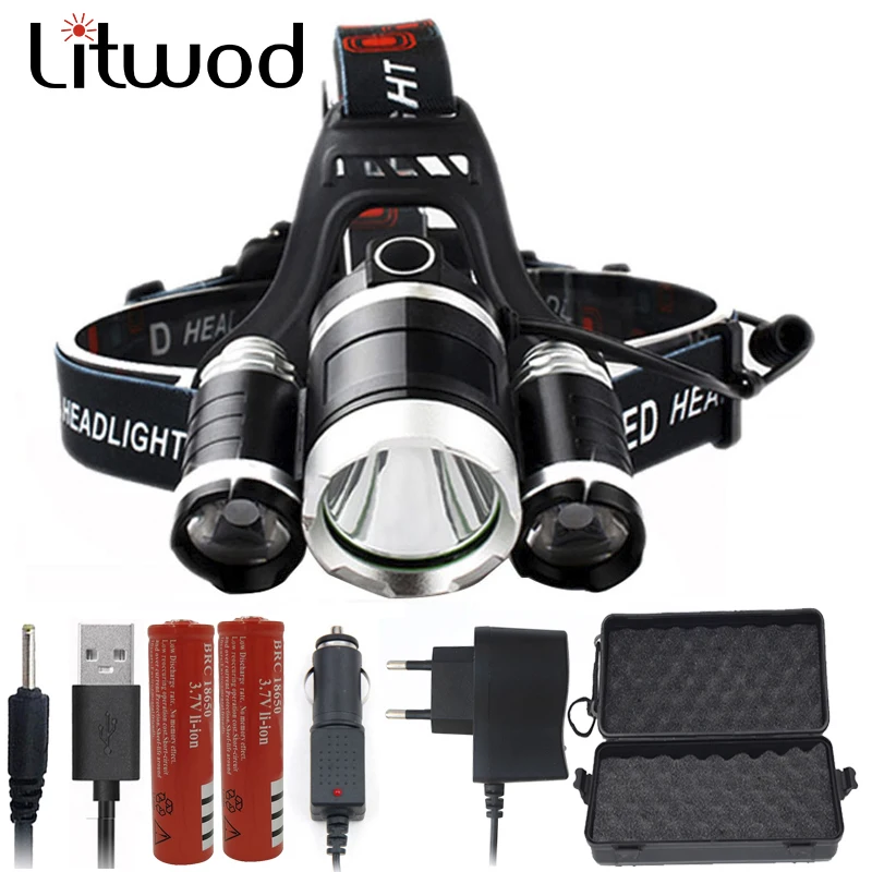 Litwod dz30 3 t6 8000lm XM-L2 t6 led farol 9000lm luz cabeça da lâmpada frontal lanterna tocha para bateria carregador ac