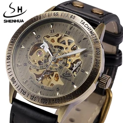 Reloj mecánico automático de bronce para hombre, pulsera con correa de cuero Steampunk, de cuerda automática, 2020