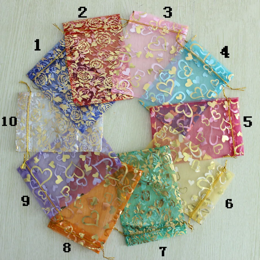 

300pcs 13x18cm Random Color Multi-Color Gold Pattern Drawable Organza Bags, Wedding Gift Candy Bags&Pouches