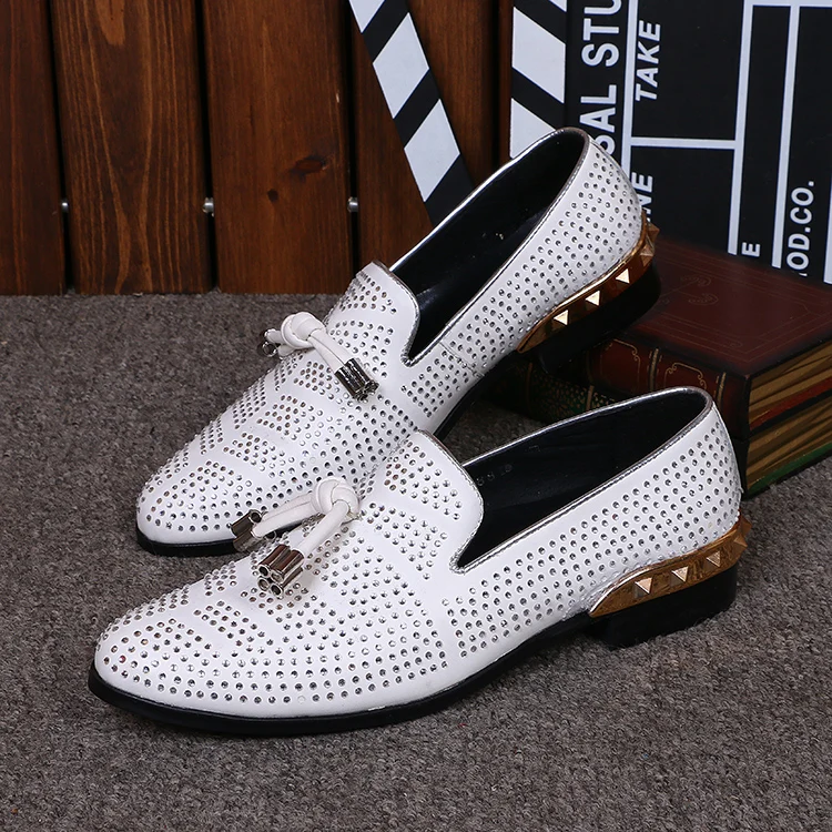 

Italian shoes men leather Flat Loafers White Crystal Bling Bling Rhinestone Leather Dress Shoes Slip On Zapatos Hombre size13