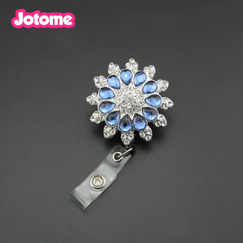 

Blue Crystal Clear Glass Rhinestone Flower id badge holder Retractable Flower badge reel for Nurse