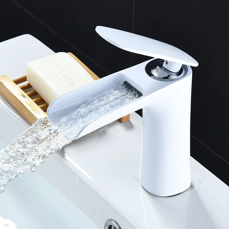 Bathroom Basin Faucet Black/White Brass Sink Faucet Mixer Tap Hot and Cold Waterfall Basin Lavtory Faucet