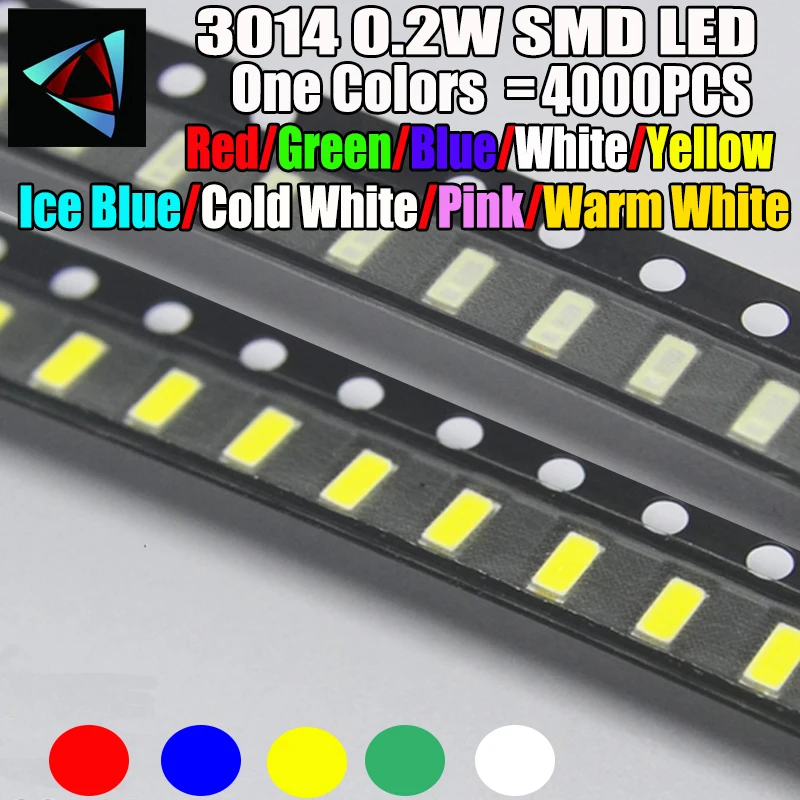 

4000pcs 3014 0.2W 3.0 * 1.4 MM 2.0-3.2V Red/Green/ICE White/Yellow/Ice Blue/Cold White/Pink/Warm Orange SMD LED Kit