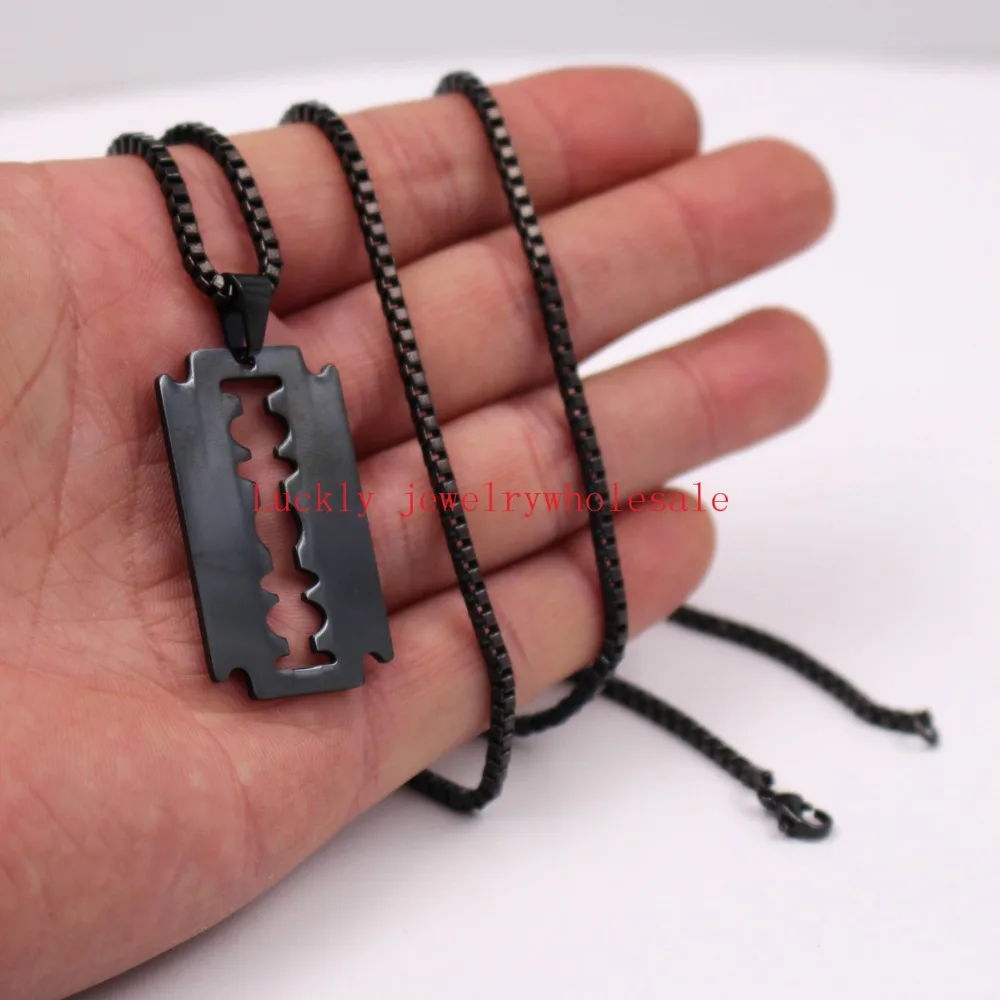 Plated Black Men's Punk Hip-Hop  Stainless Steel Razor Blade Dog Tag  Necklace Pendant with 24'' Box Chain Barber Jewelry