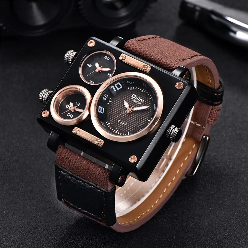 Oulm Watch Luxury Brand Man Fabric Srap Quartz-Watch Clock Male Multiple Time Zones Square Sports Watches erkek kol saati