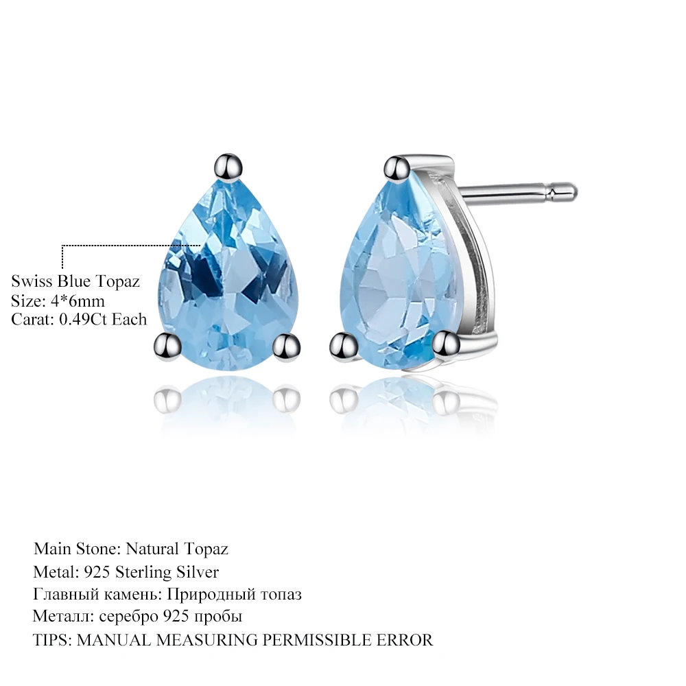 Gem\'s Ballet 4*6mm 0.99Ct Natural Swiss Blue Topaz Gemstone Stud Earrings 925 Sterling Silver Fashion Jewelry for Women