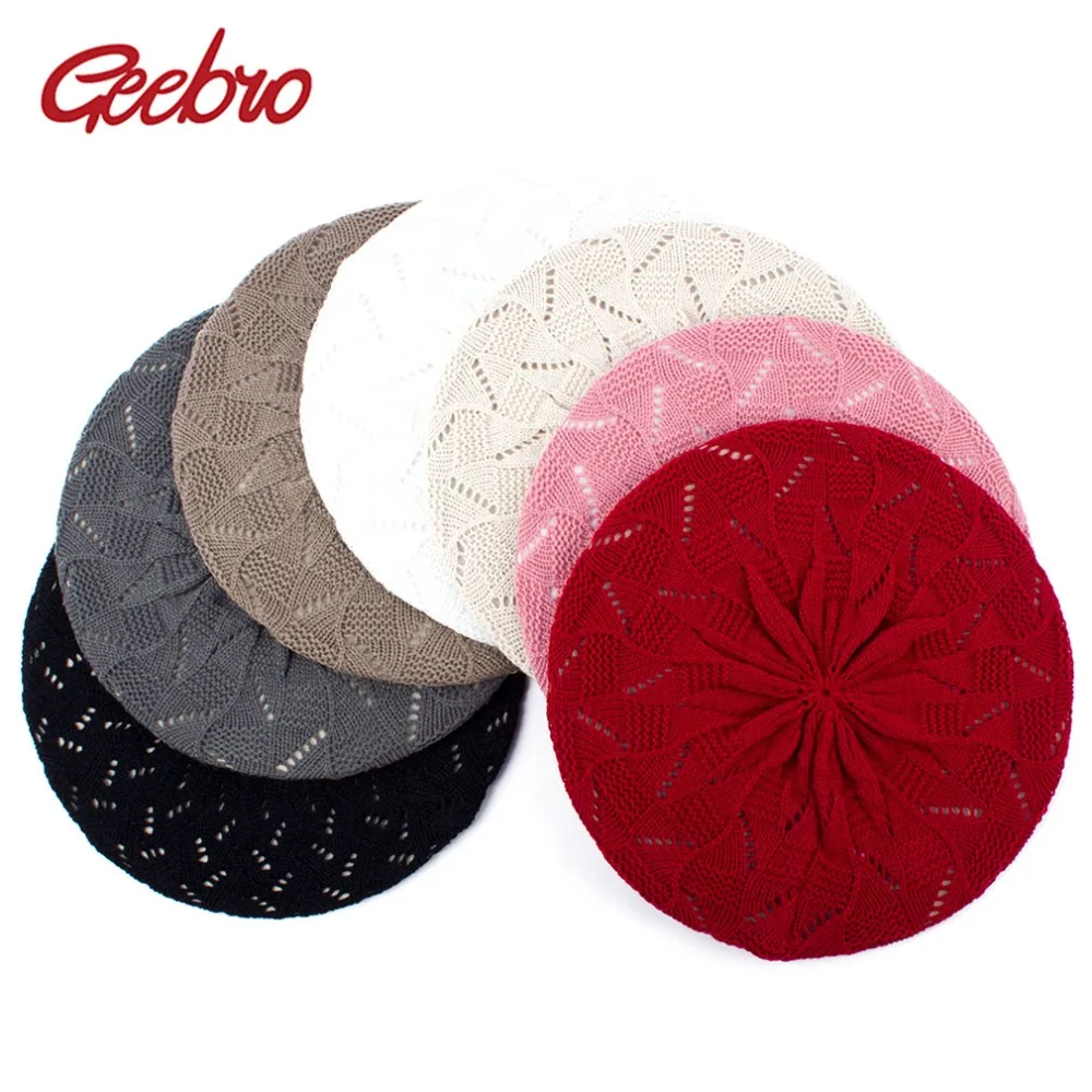 Geebro Women\'s Plain Color Knit Beret Hat Ladies French Artist Beanie Beret Hats Spring Summer autumn Casual Thin Acrylic Berets