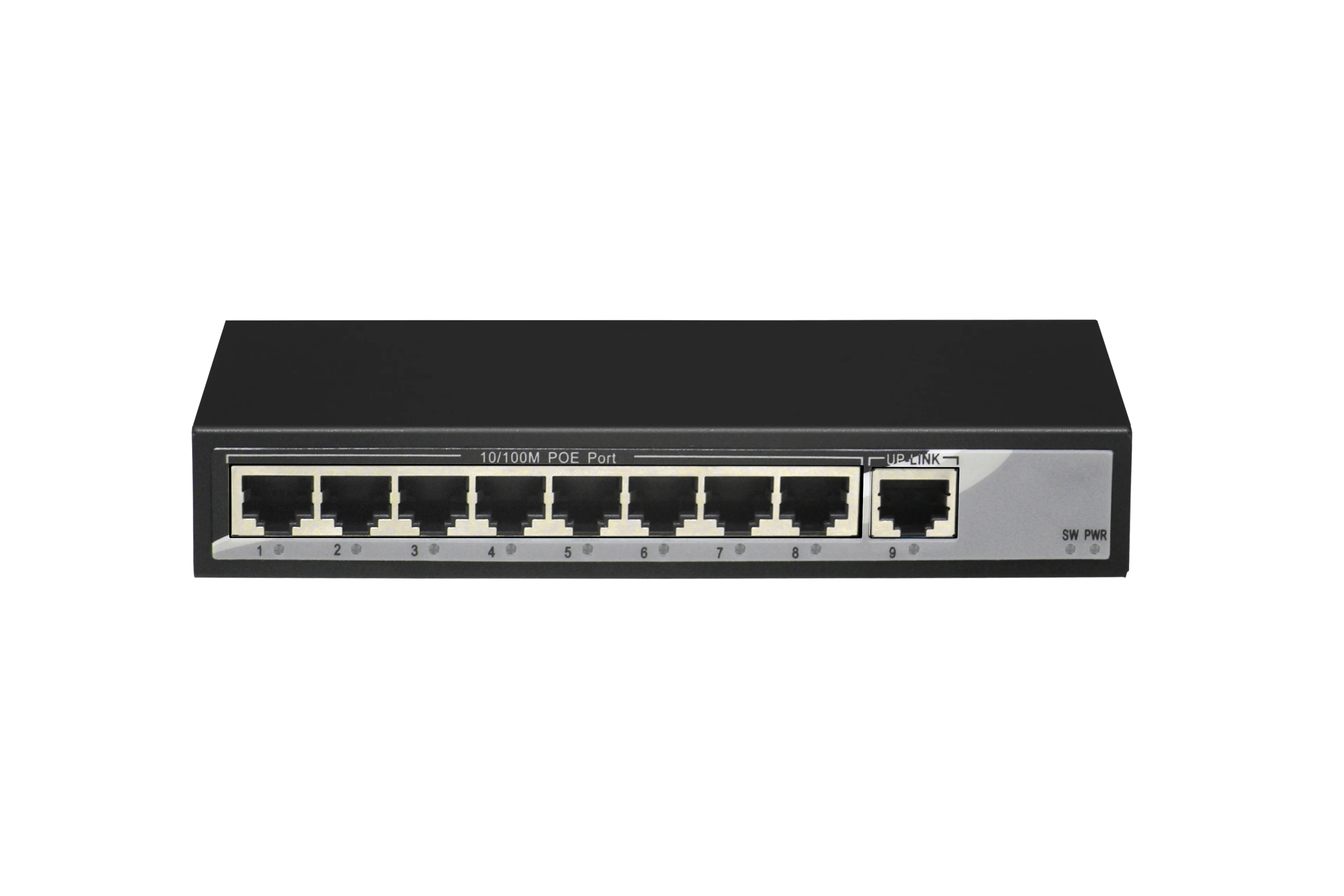 9-port 10/100 M switch, van die 1-8 poorten ondersteuning POE, IEEE 802.3af internationale standaard, externe totaal vermogen 104 W