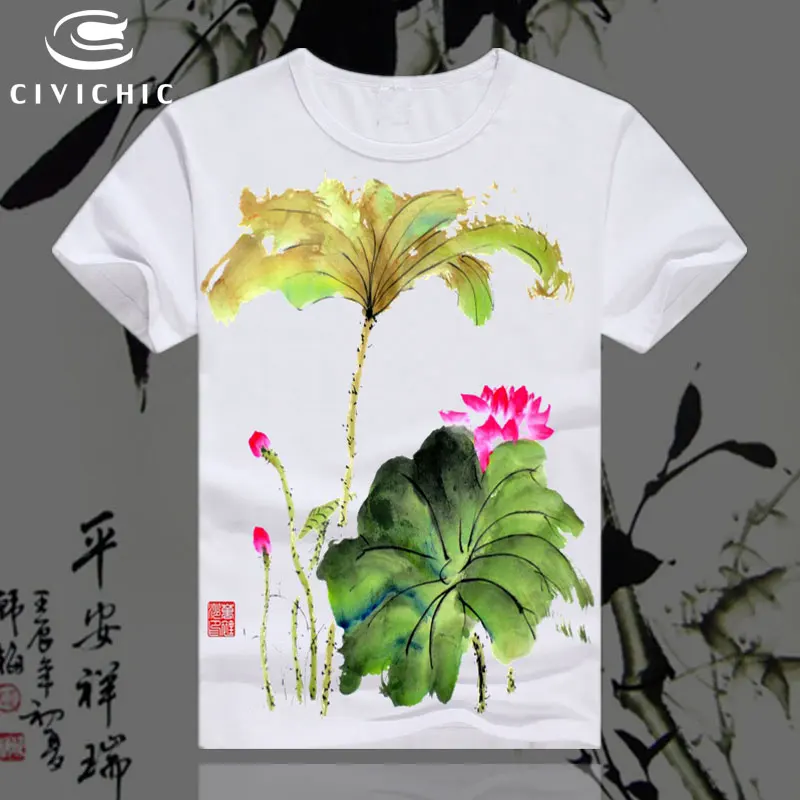 CIVICHIC Chinese Ethnic Plus Size T Shirt Woman Floral Oriental Scenery Ink Painting Print Tops Men Groot Loose Tee Blusa WST123