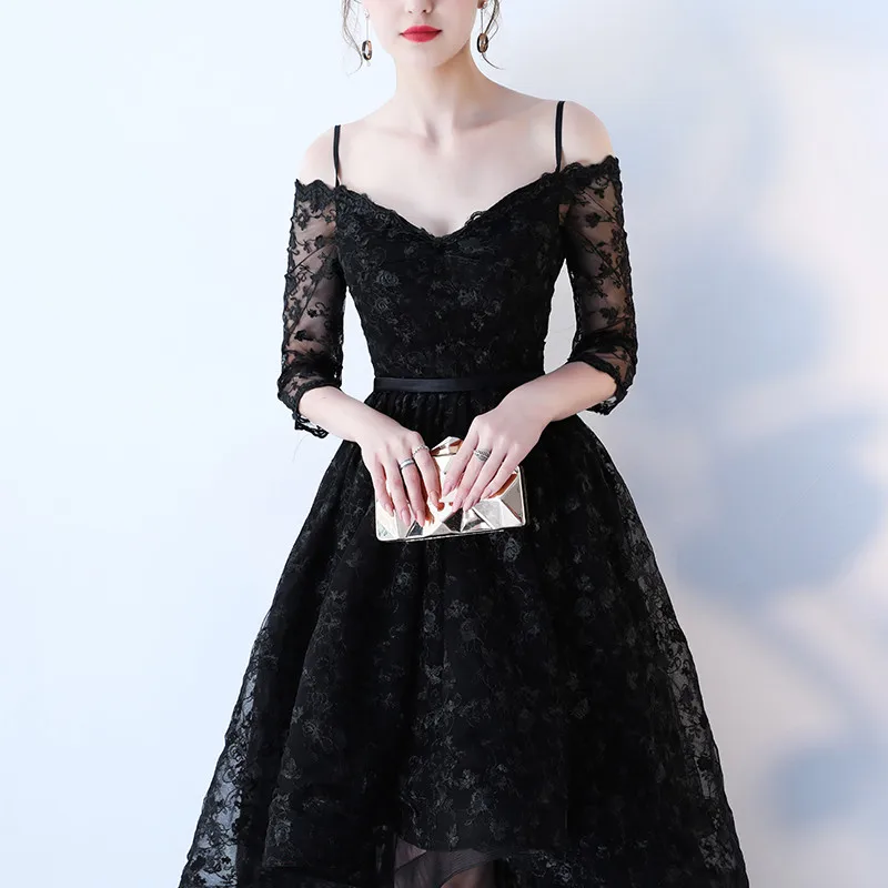 JaneVini abiti da damigella d'onore lunghi in pizzo nero alto basso una linea spalline senza spalline abiti da ballo eleganti senza schienale Robe Longue Dentelle