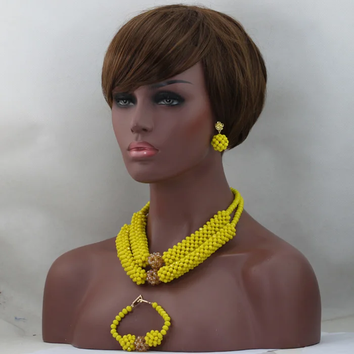 Trendy 2 Layers Yellow Chunky African Crystal Beads Jewelry Set Fashion Pendant Statement Necklace Set Free ShippingABL795