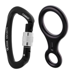 2 in 1 25KN Rock Climbing Screw Lock Carabiner + 35KN Figure 8 Rappelling Rope Descender Black