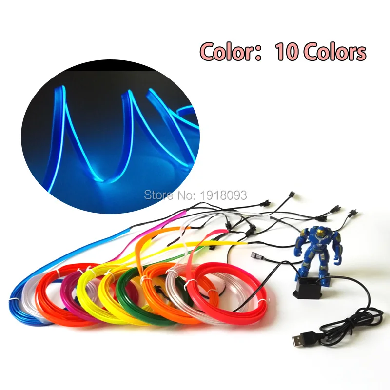 High quality 2.3mm-skirt 3Meter 10Color Aviation Flexible EL Wire LED Strip Neon Light Input voltage DC-5V By USB Driver