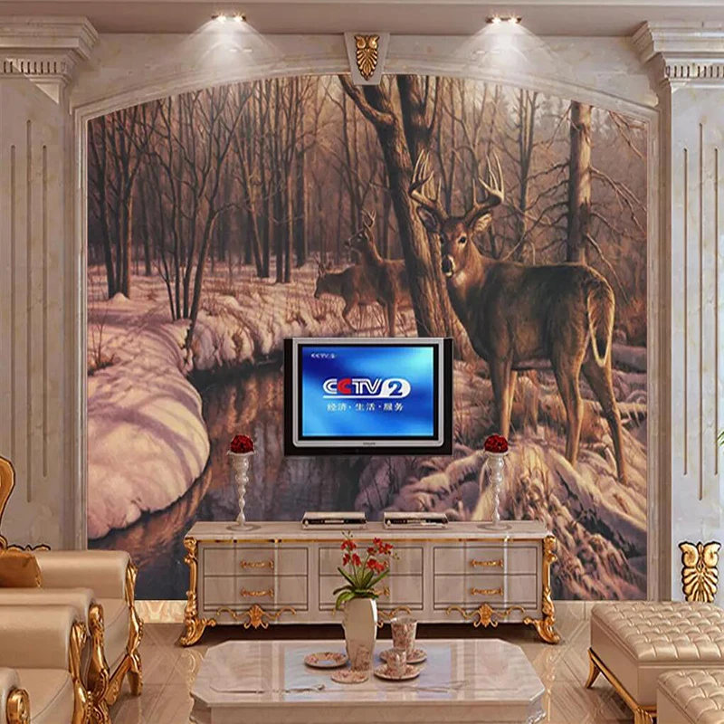 Decorative wallpaper Vintage forest elk oil painting TV background wall paper