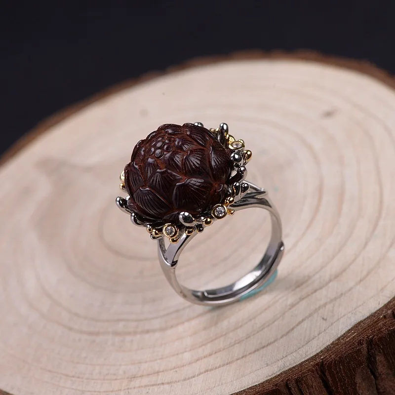 S925 silver restoring ancient ways is technology Female fashion lobular rosewood peony ring