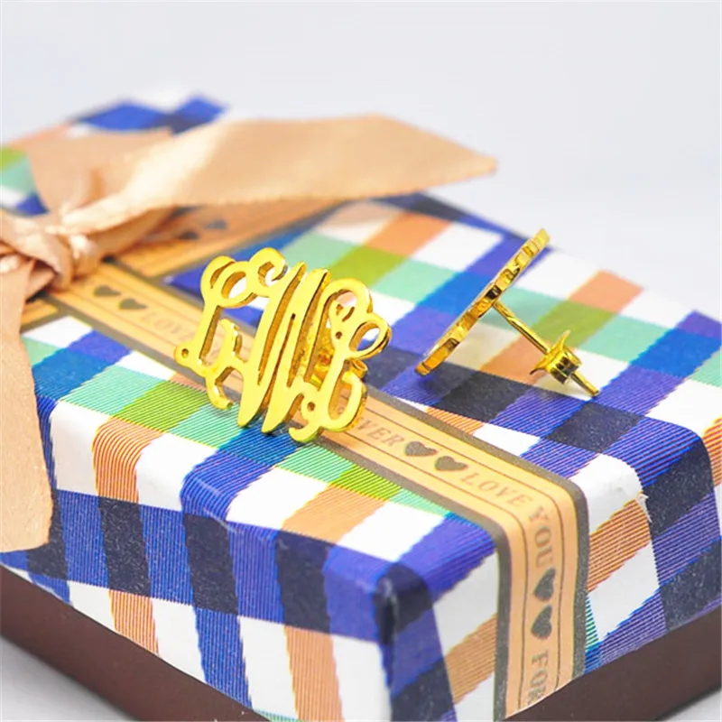 

Gold Monogram Stud Earrings Personalized Nameplate Handcrafted Initial Jewelry Christmas Gift