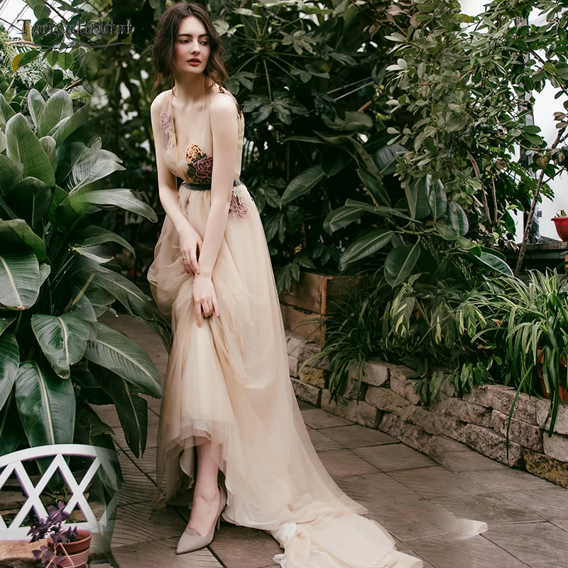 Vestidos De novia De tul champán Apliques De encaje una línea vestidos De novia romántico único bohemio Vestido De Noivas DW126