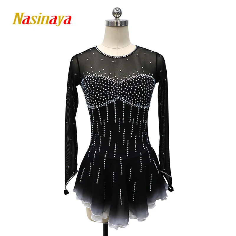 Children's Rhythmic Gymnastics Performance Black Round Neck Long Sleeve Shiny Skirt Figure Skating Competition Dress