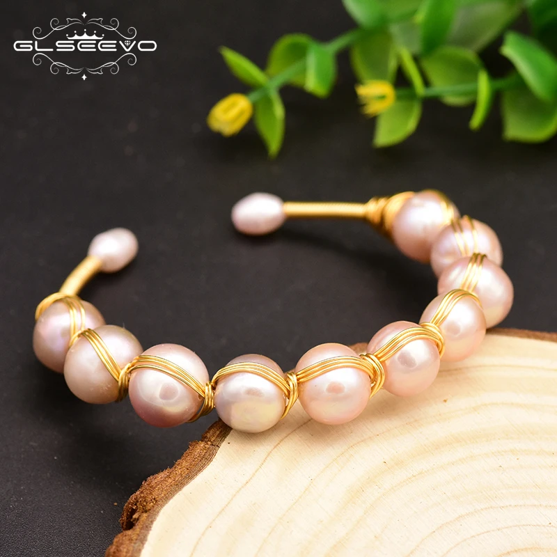 GLSEEVO Original Design Natural Fresh Water Purple  Pearl Handmade Open Bangle For Women Bride Wedding Luxury Jewelry GB0117