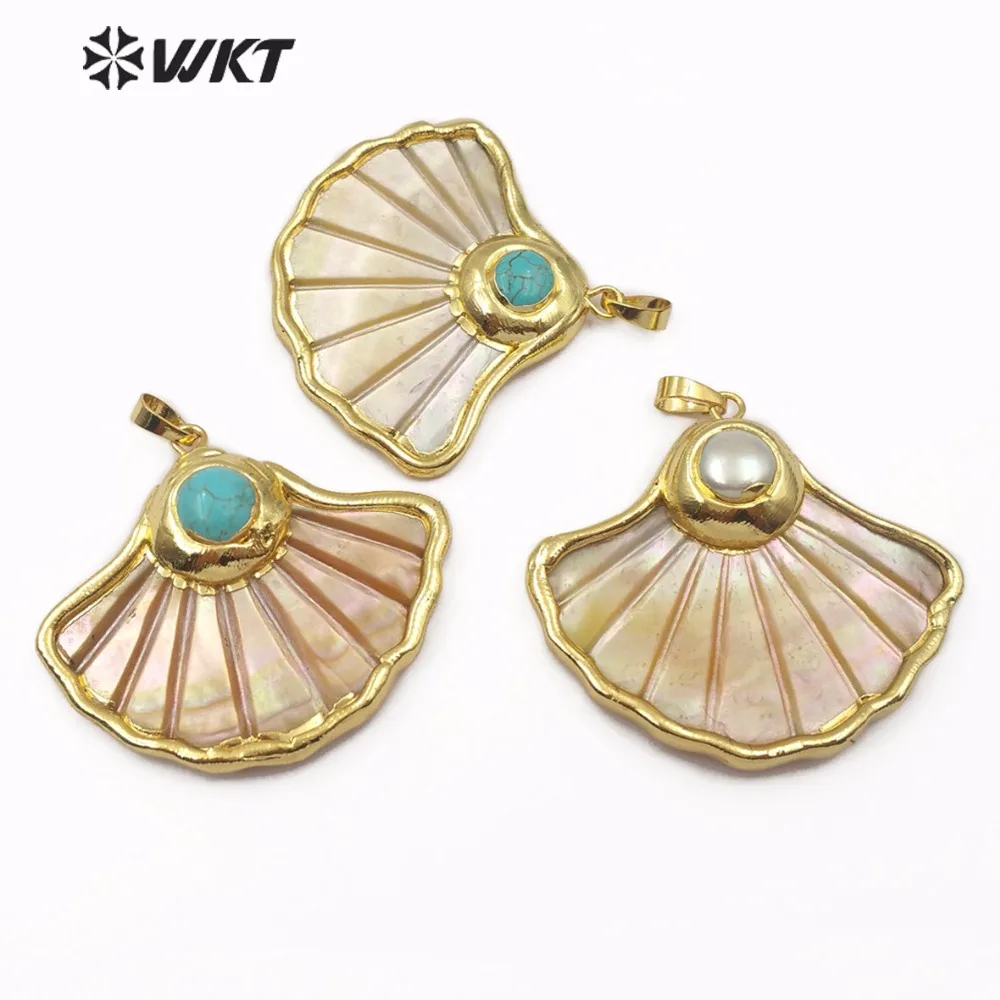 WT-JP101 WKT Natural Shell Pearl Pendant Ginkgo Leaf Fan Shaped Shell Pendant Gold bezel with Pearl and Gem-stone Ladies Jewelry