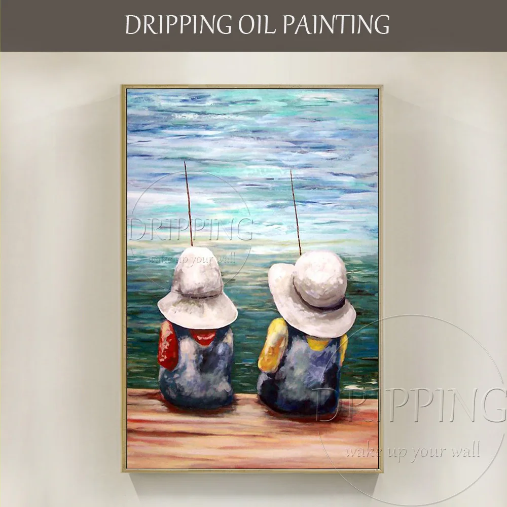 

Pure Hand-painted High Quality Children Fishing Oil Painting on Linen Canvas Handmade Impressionist Kids Fishing Oil Painting