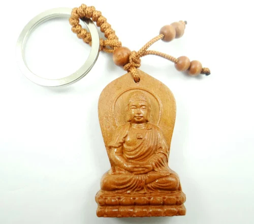 Natural mahogany three-dimensional engraving Guanyin barrel keychain Buddha key ring jewelry gift for men and women 1pc