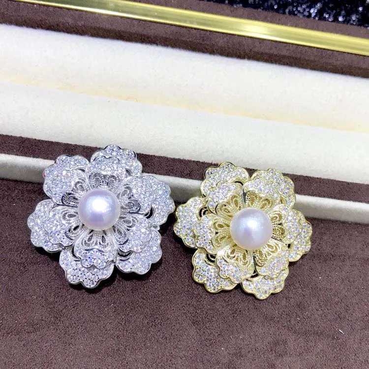 

Luxury Flower Pearl Breastpin Settings Women DIY Pearl Brooch Components Silver&Gold Color 3Pieces/Lot