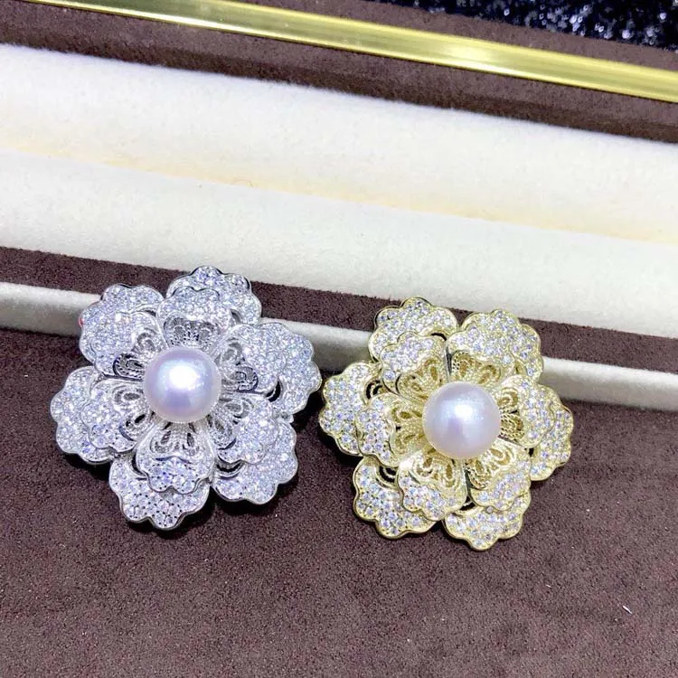 Luxury Flower Pearl Breastpin Settings Women DIY Pearl Brooch Components Silver&Gold Color 3Pieces/Lot