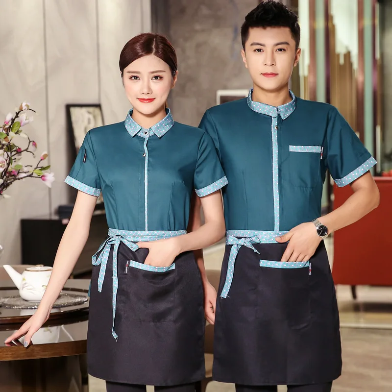 Hotel Workwear Single Top Waitress Short-sleeved Overalls Chinese Restaurant Catering Fast Food Shop Waiter Male Uniform H2247