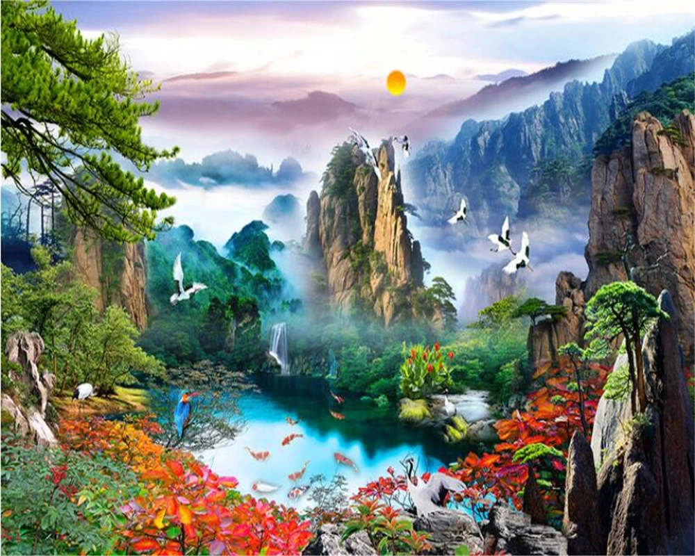 

Custom-sized living room wall mural wallpaper modern stylish bird pine landscape painting photo mural 3D wallpaper