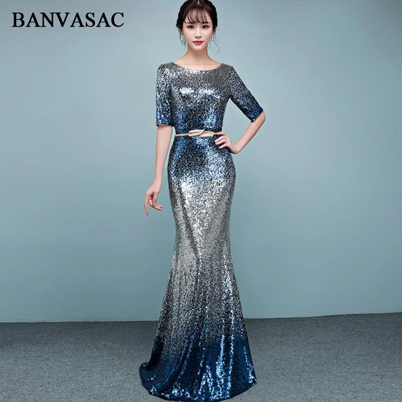 BANVASAC Sequined O Neck Metal Leaf Sash Mermaid Long Evening Dresses Party Half Sleeve Zipper Back Prom Gowns