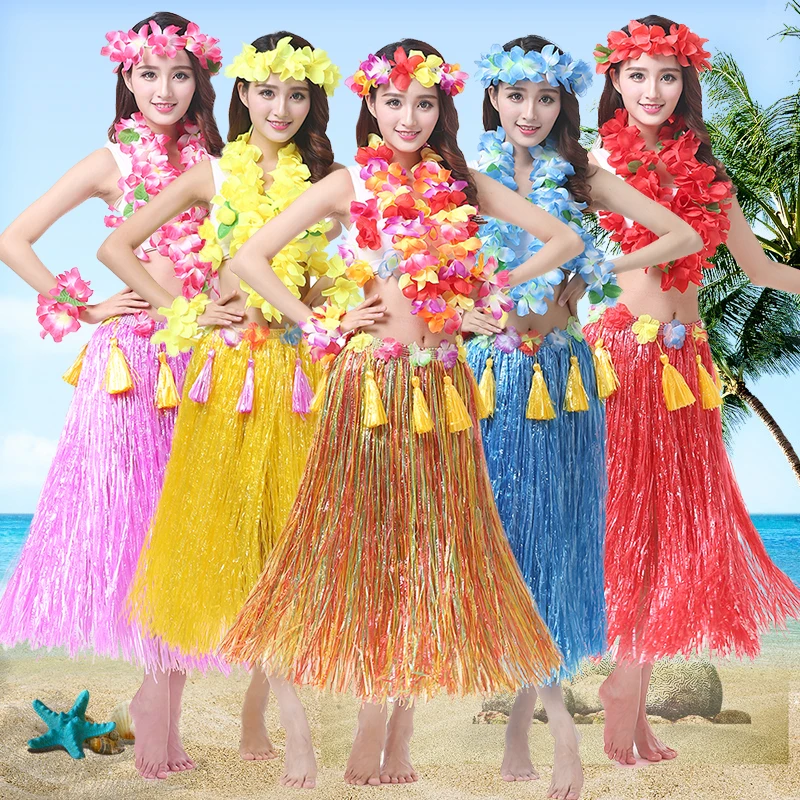 Hawaii Dance Hula Skirt Garland Adult Child Hula Skirt Dress Wreath Accessories 8-pieces Flower Headdress Hair Neck Wristband