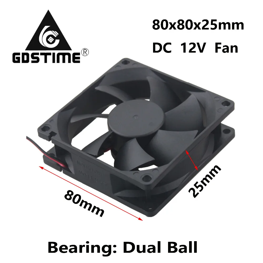 

1 Pcs Gdstime 80mm x 25mm Ball Bearing Computer Case Radiator DC 12V PC CPU Cooling Fan 80x80x25mm 2Pin High Speed 0.35A