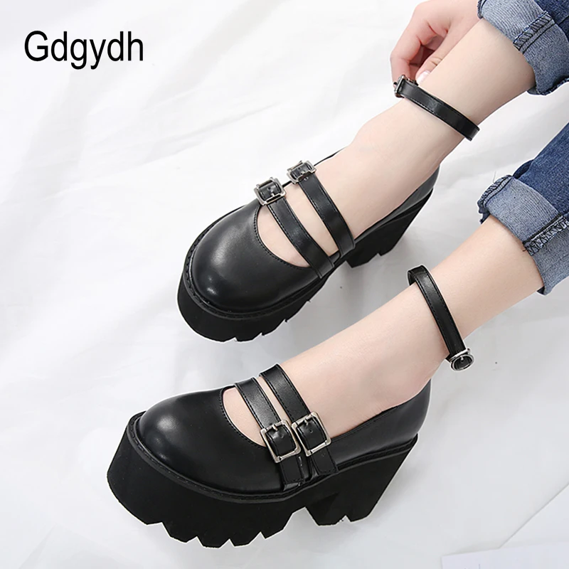 Gdgydh Womens Pump Gothic Shoes Ankle Strap High Chunky Heels Platform Punk Creepers Shoes Female Fashion Buckle Comfortable