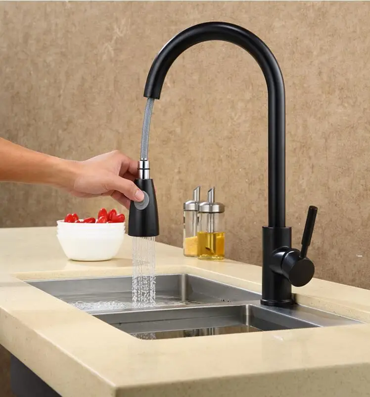 Fashion German technology high quality brass black and chrome single lever hot and cold pull out sink faucet kitchen tap