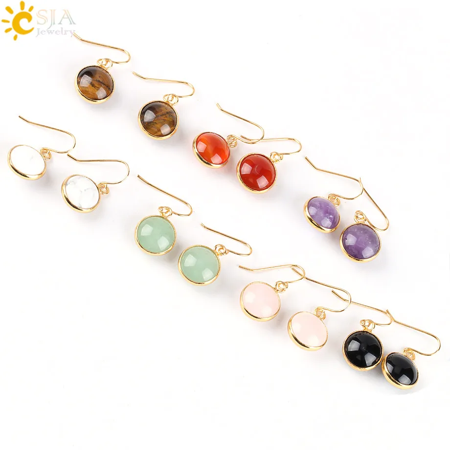 CSJA Vintage Round Gem Stone Bead Pendant Gold Color Copper Hook Drop Earring Women Summer Beach Jewellery Birthday E092